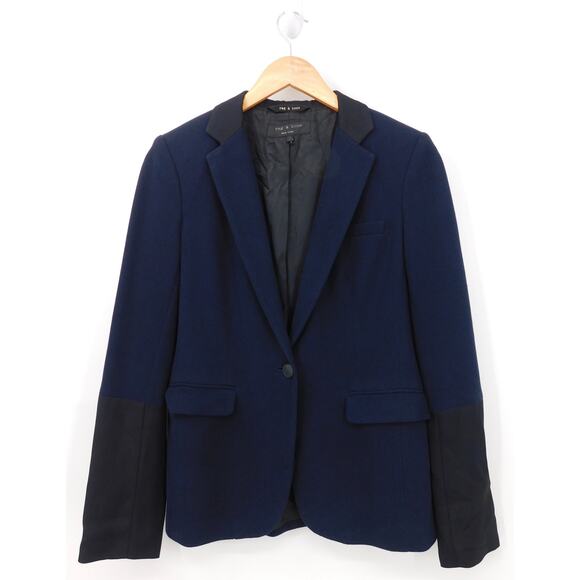 Rag & Bone Women's Navy Blue Black Cotton Trim One Button Blazer Jacket Size 2 - Picture 1 of 7